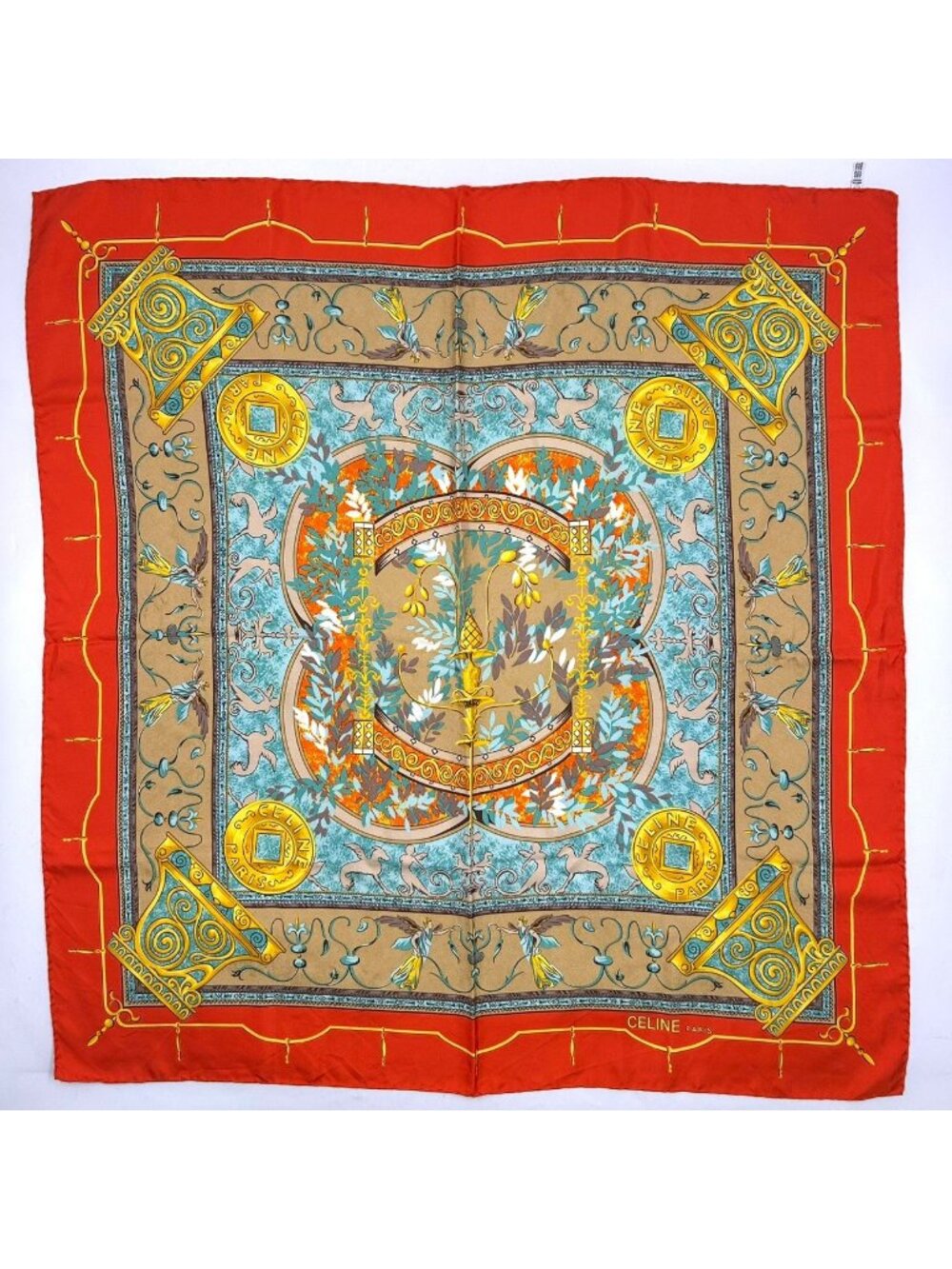 Celine Vintage Silk Beige Light Blue Red Scarf